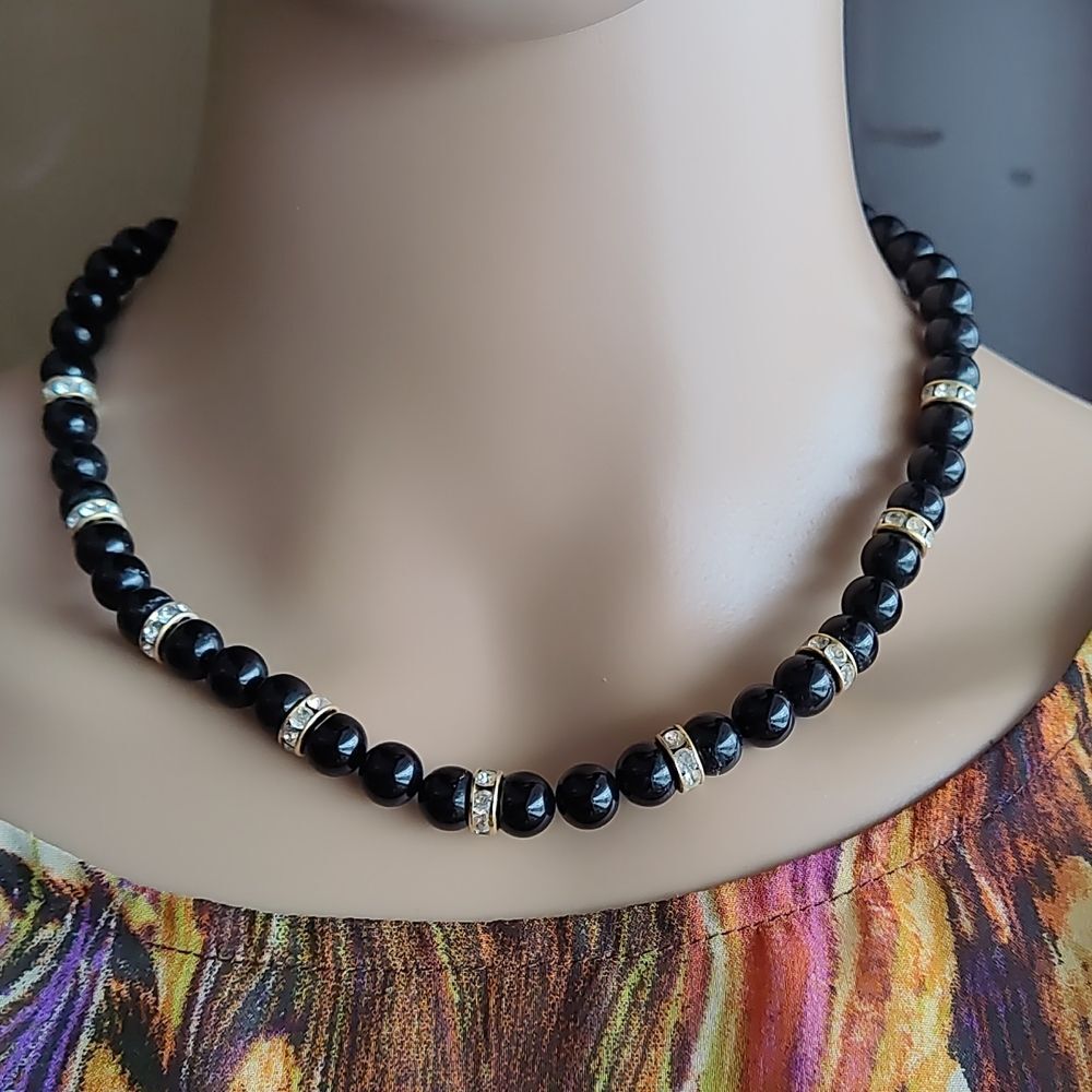 Black Beads and Rhinestones Necklace and Earring Set